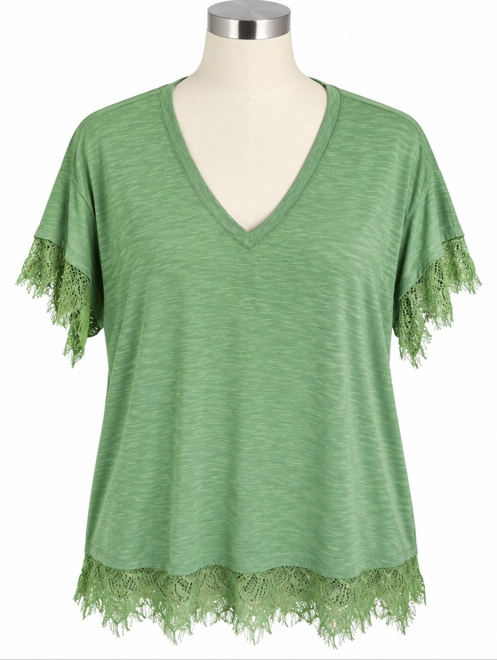 Soft Surroundings Sage Green Lace Fringe Trim V-Neck Top T-Shirt Plus Size 2X